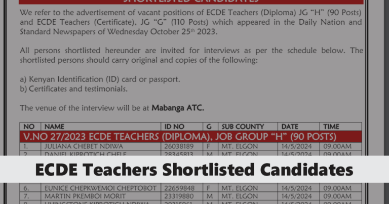 ECDE Teachers Shortlisted Candidates 2024 PDF List is Out