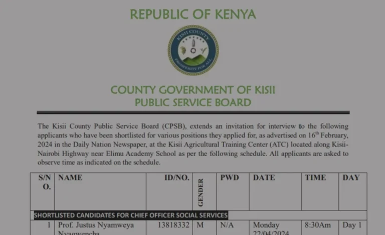 Kisii County Shortlisted Candidates 2024 PDF List is Out