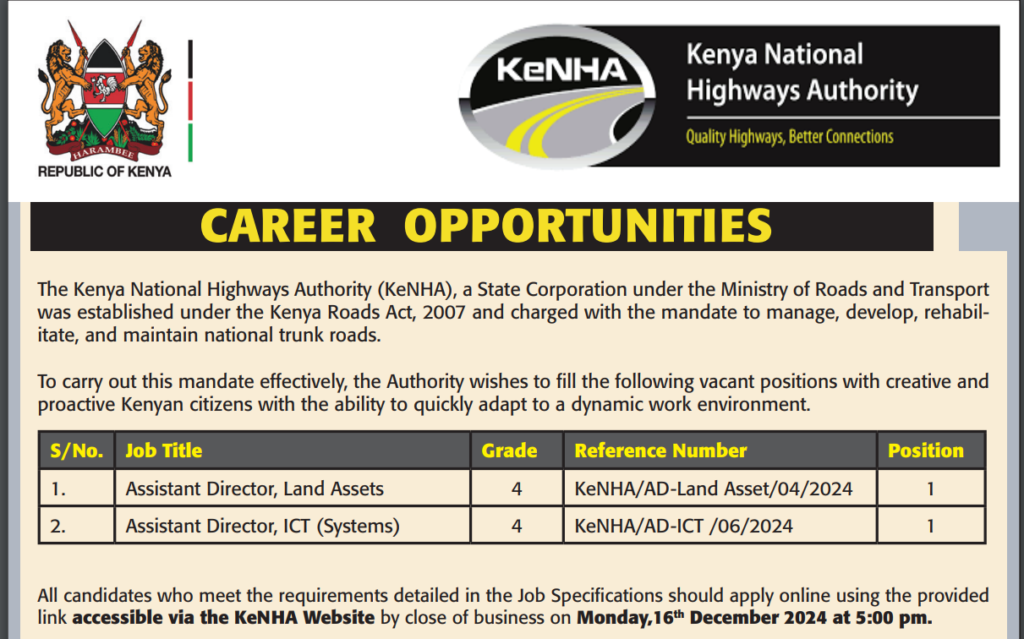 KeNHA Recruitment 2024/2025 Job Vacancies Application Portal