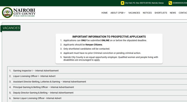 Nairobi City County Public Service Recruitment 2024/2025 Jobs Portal